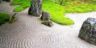 Meditation garden with rocks, sand and moss